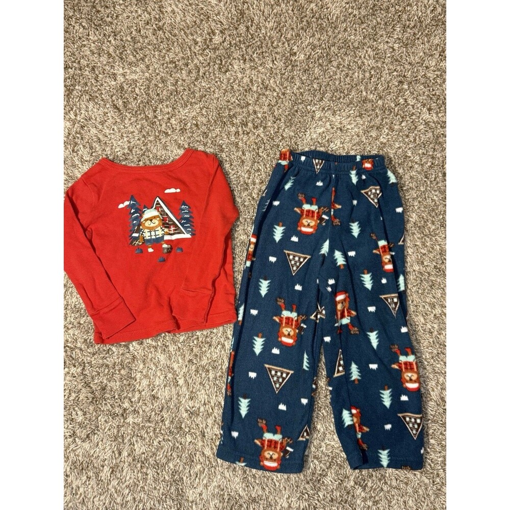 Cat & Jack Toddler Pajamas 2T Winter Fox A-Frame Red Navy Blue Fleece PJ Set